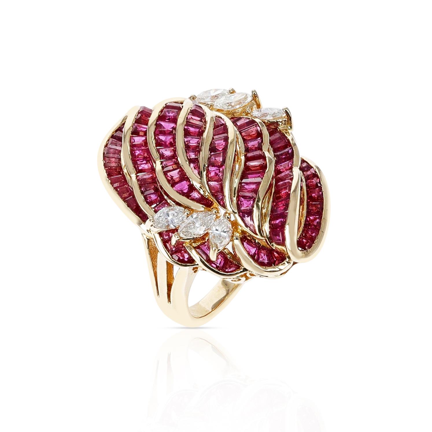 Channel Set 8 Row Ruby Flower-Cut Cocktail Ring with Marquise Diamonds, 18K For Sale 1