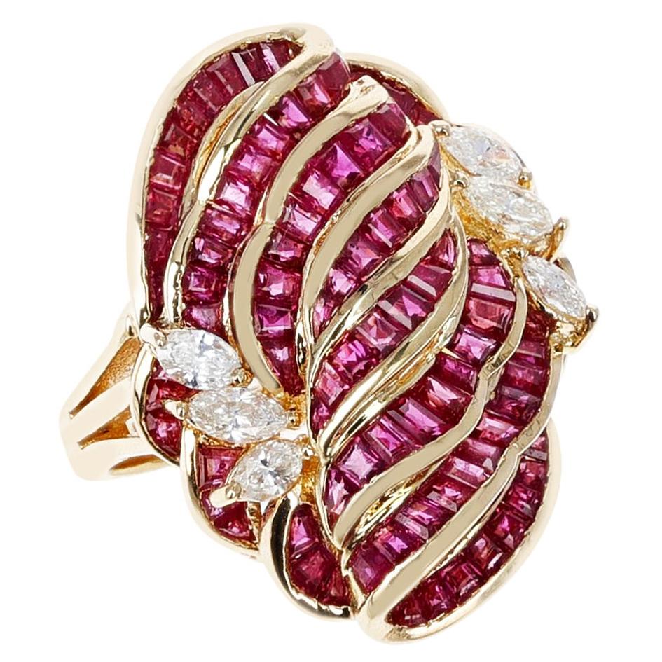 Invisibly Set 8 Row Ruby Flower-Cut Cocktail Ring with Marquise Diamonds, 18K For Sale