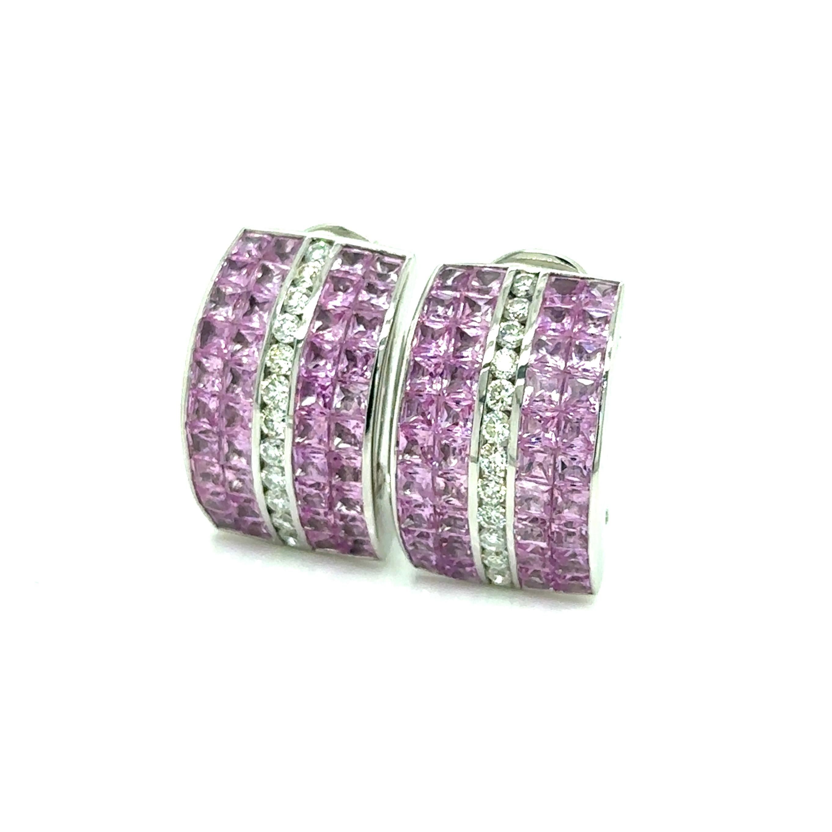 Moderno Orecchini con zaffiri rosa e diamanti incastonati in modo invisibile da 9,80 carati in vendita