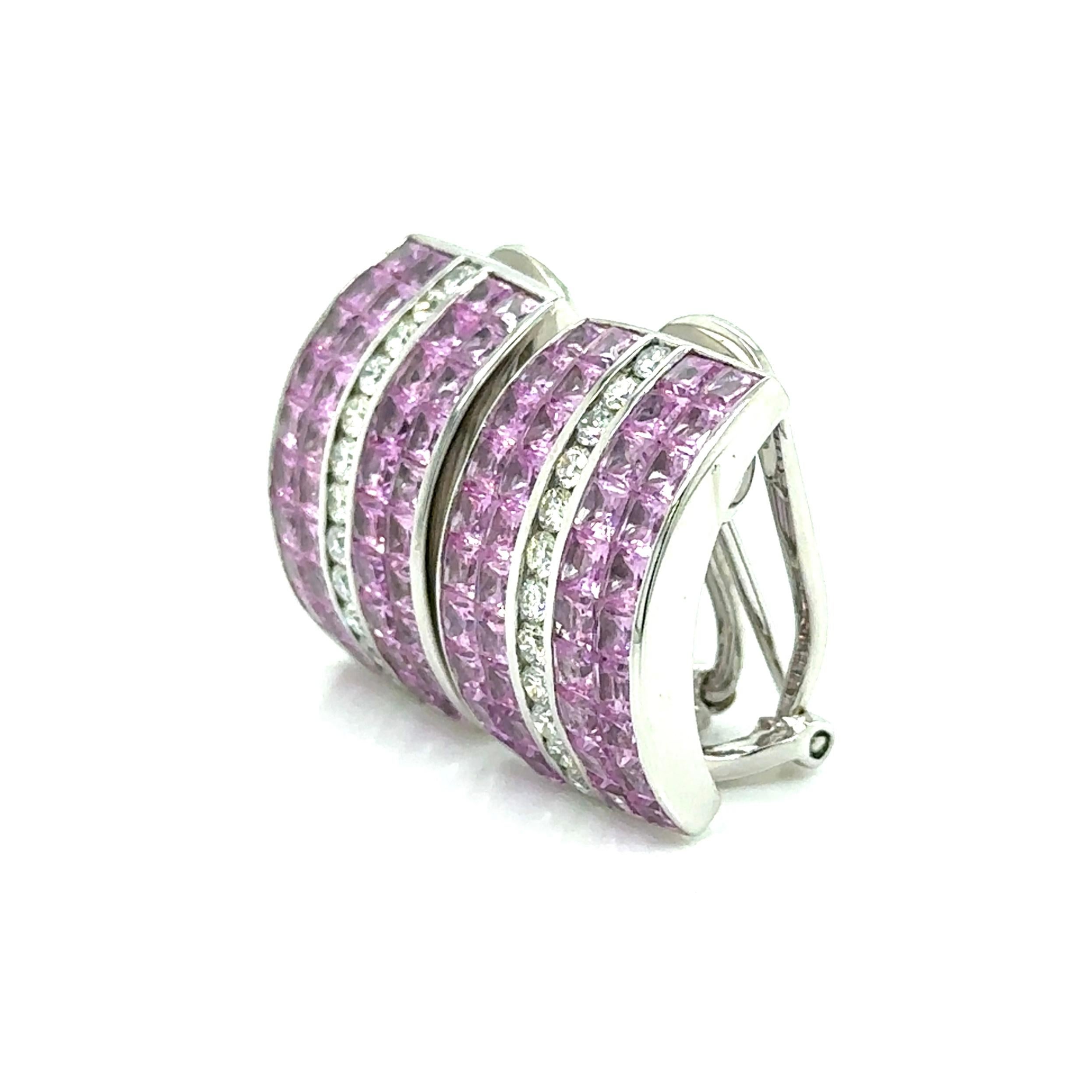 Taglio princess Orecchini con zaffiri rosa e diamanti incastonati in modo invisibile da 9,80 carati in vendita