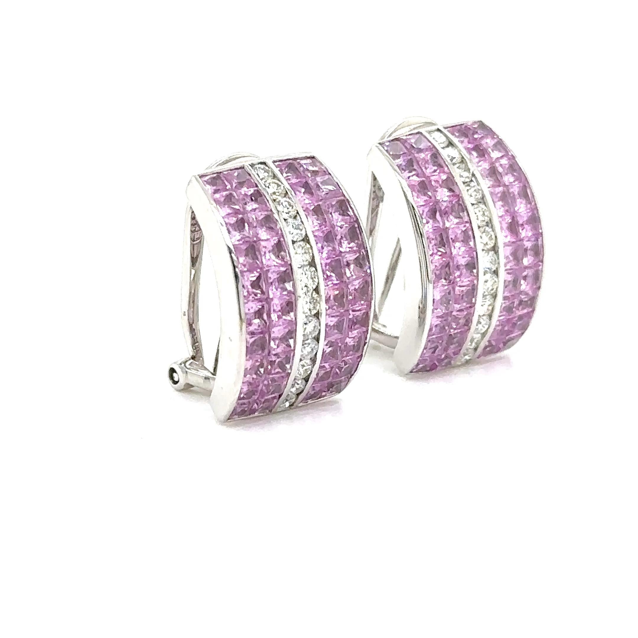 Donna Orecchini con zaffiri rosa e diamanti incastonati in modo invisibile da 9,80 carati in vendita