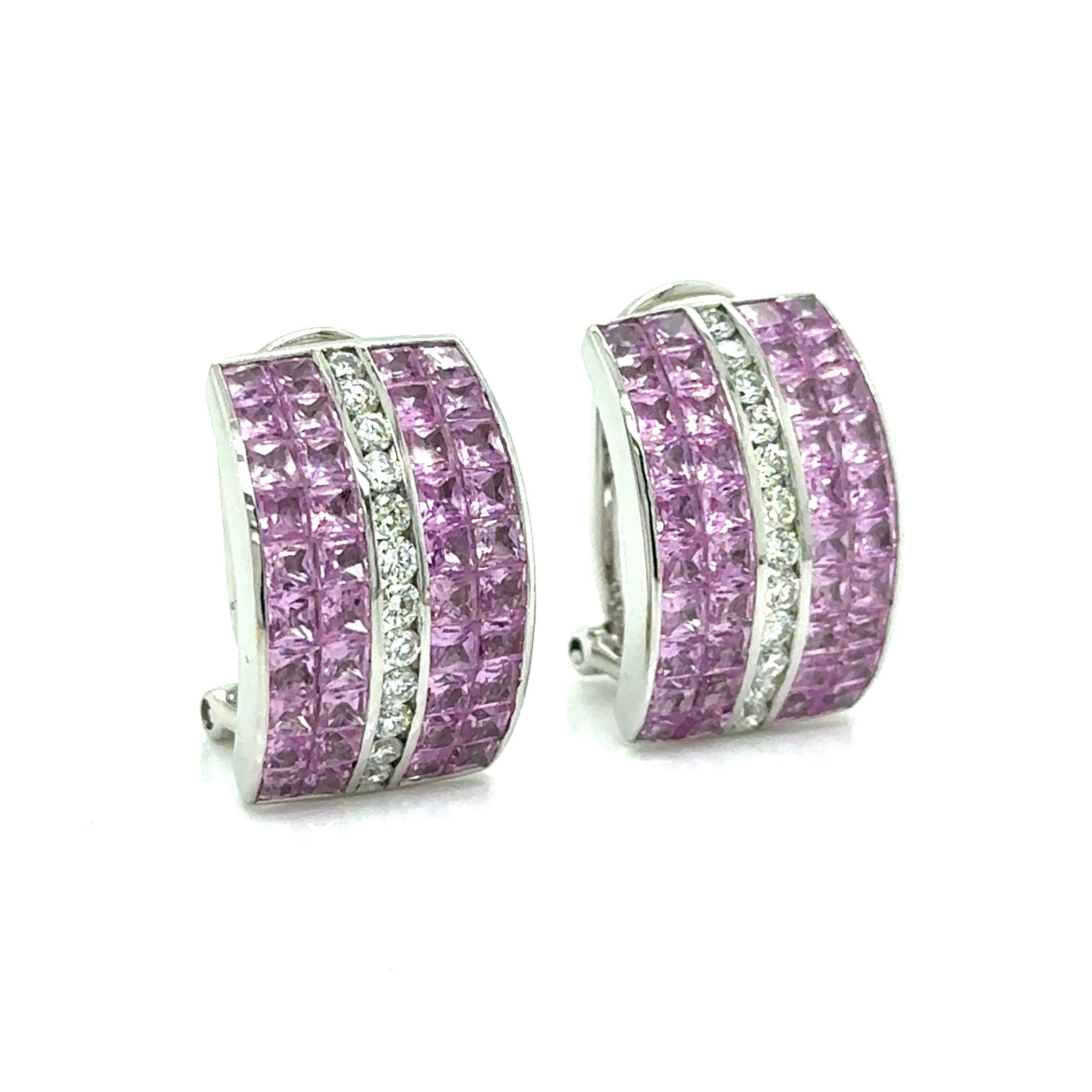 Orecchini con zaffiri rosa e diamanti incastonati in modo invisibile da 9,80 carati in vendita 1