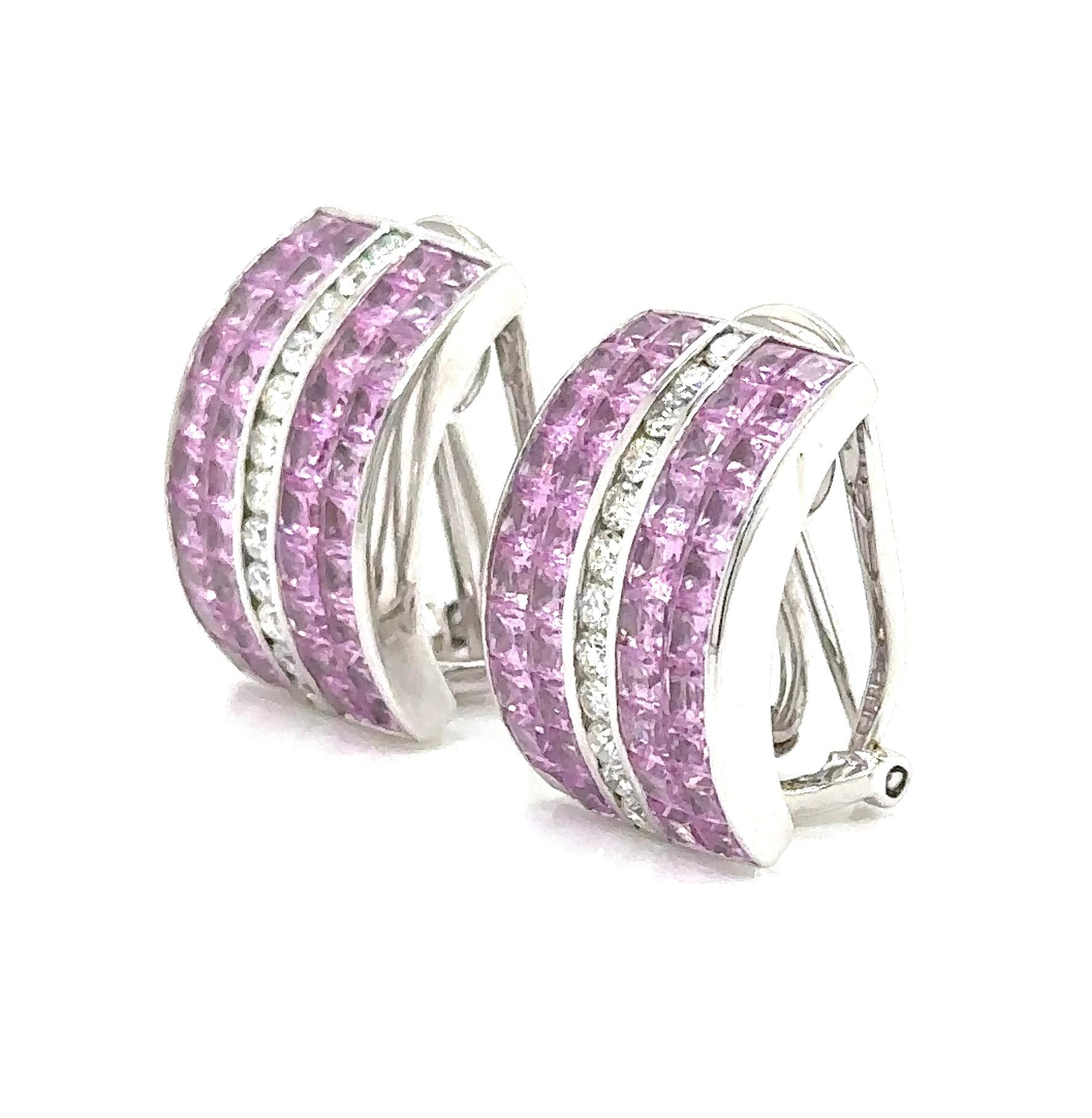 Orecchini con zaffiri rosa e diamanti incastonati in modo invisibile da 9,80 carati in vendita 2