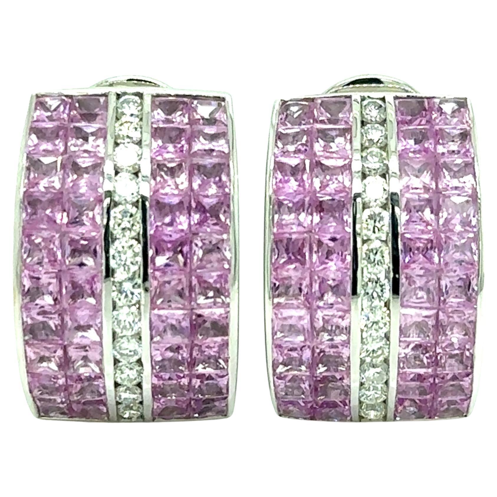 Orecchini con zaffiri rosa e diamanti incastonati in modo invisibile da 9,80 carati in vendita