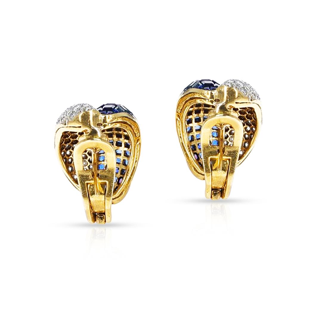 Round Cut Invisibly Set Blue Sapphire and Diamond Duo Earrings, 18k