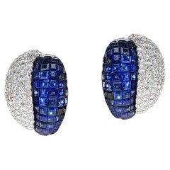 Vintage Invisibly Set Blue Sapphire and Diamond Duo Earrings, 18k