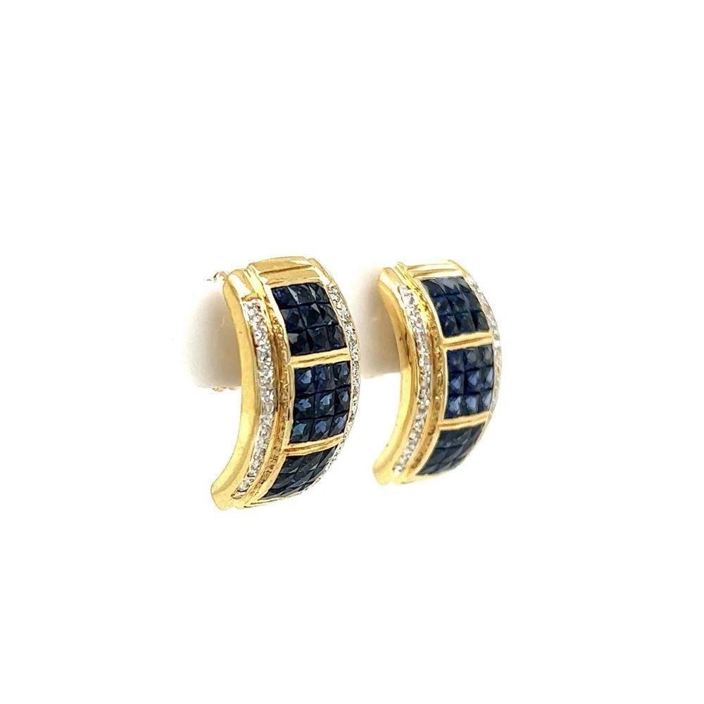 Vintage Invisibly Set Blue Sapphire and Diamond Half Cuff Gold Earrings Simply Beautiful! Vintage Finely detailed Invisible set Blue Sapphire and Diamond Half Cuff Gold Earrings. Invisibly Hand set with Blue Sapphires weighing approx. 2.50tcw and