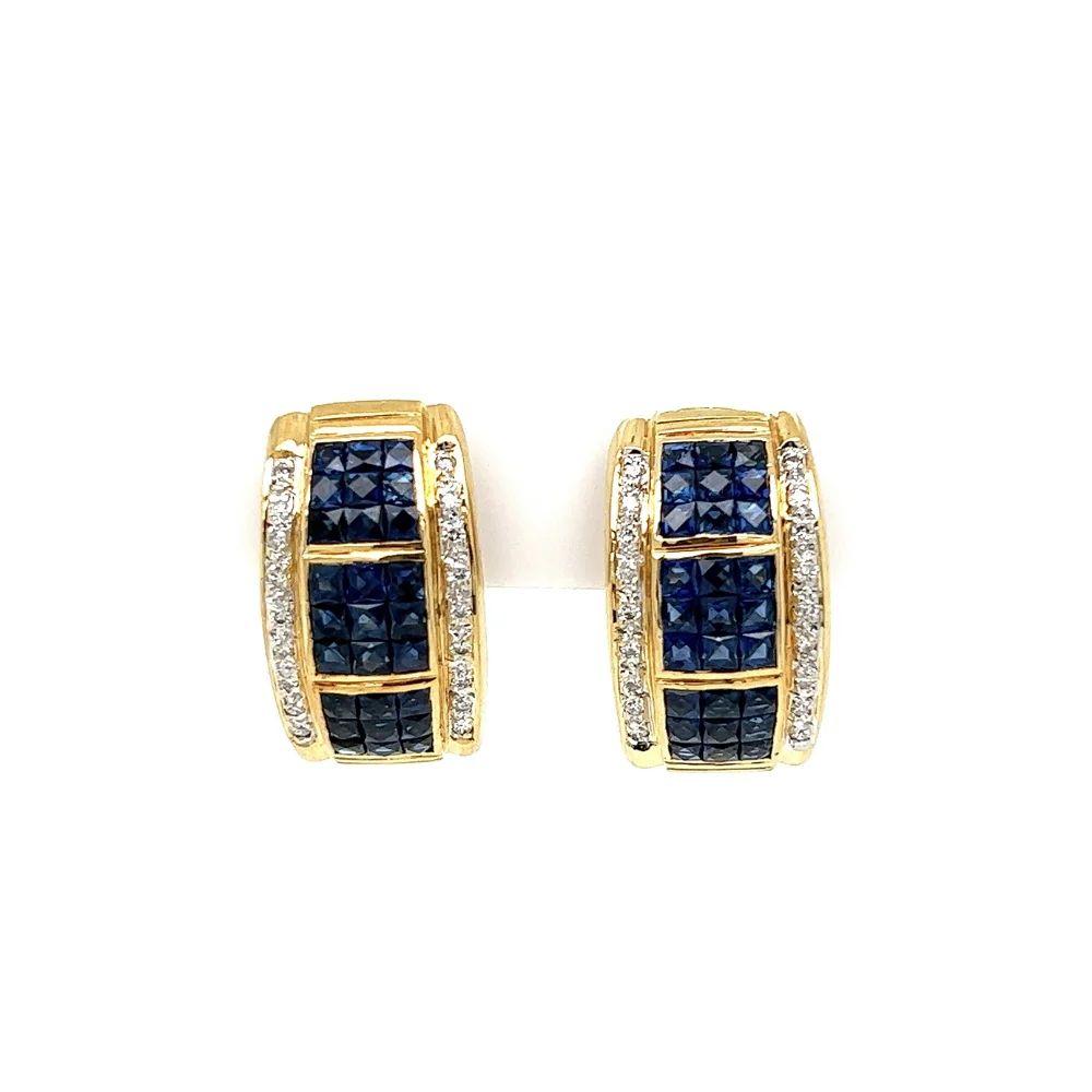 Mixed Cut Invisibly Set Blue Sapphire and Diamond Half Cuff Vintage Gold Earrings For Sale