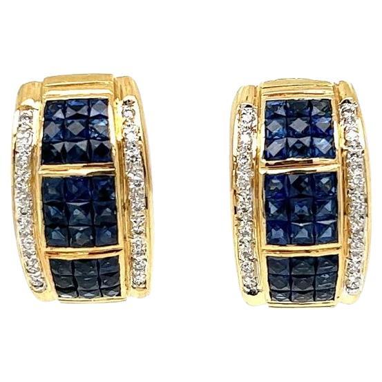 Invisibly Set Blue Sapphire and Diamond Half Cuff Vintage Gold Earrings For Sale