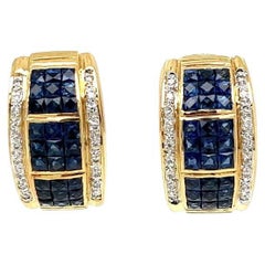 Invisibly Set Blue Sapphire and Diamond Half Cuff Vintage Gold Earrings