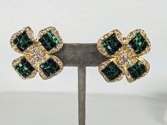 Invisibly Set Faux Emerald Flower Earrings