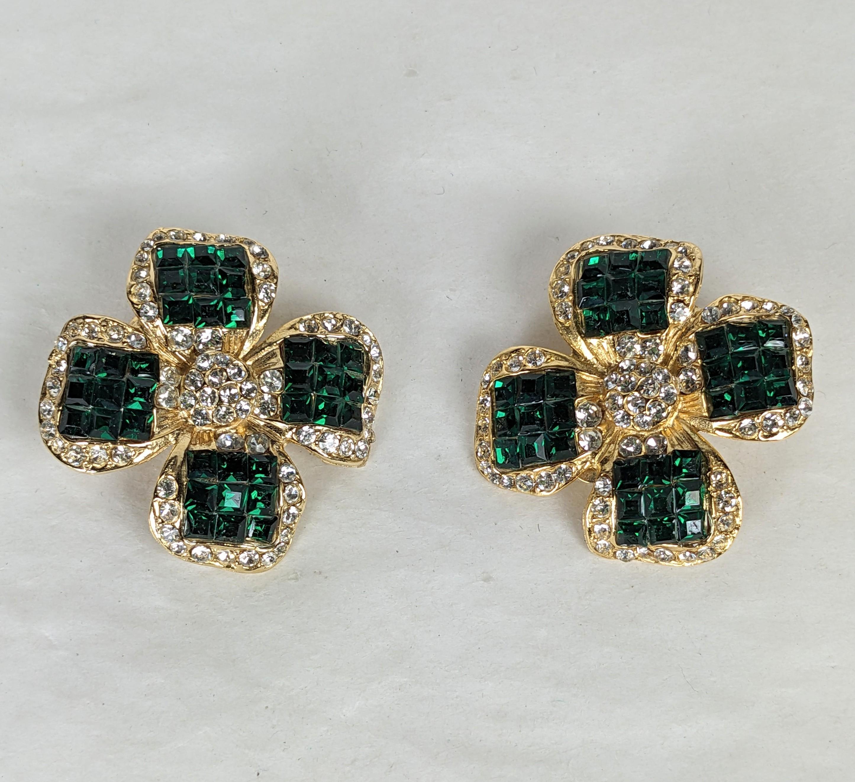 Women's Invisibly Set Faux Emerald Flower Earrings For Sale