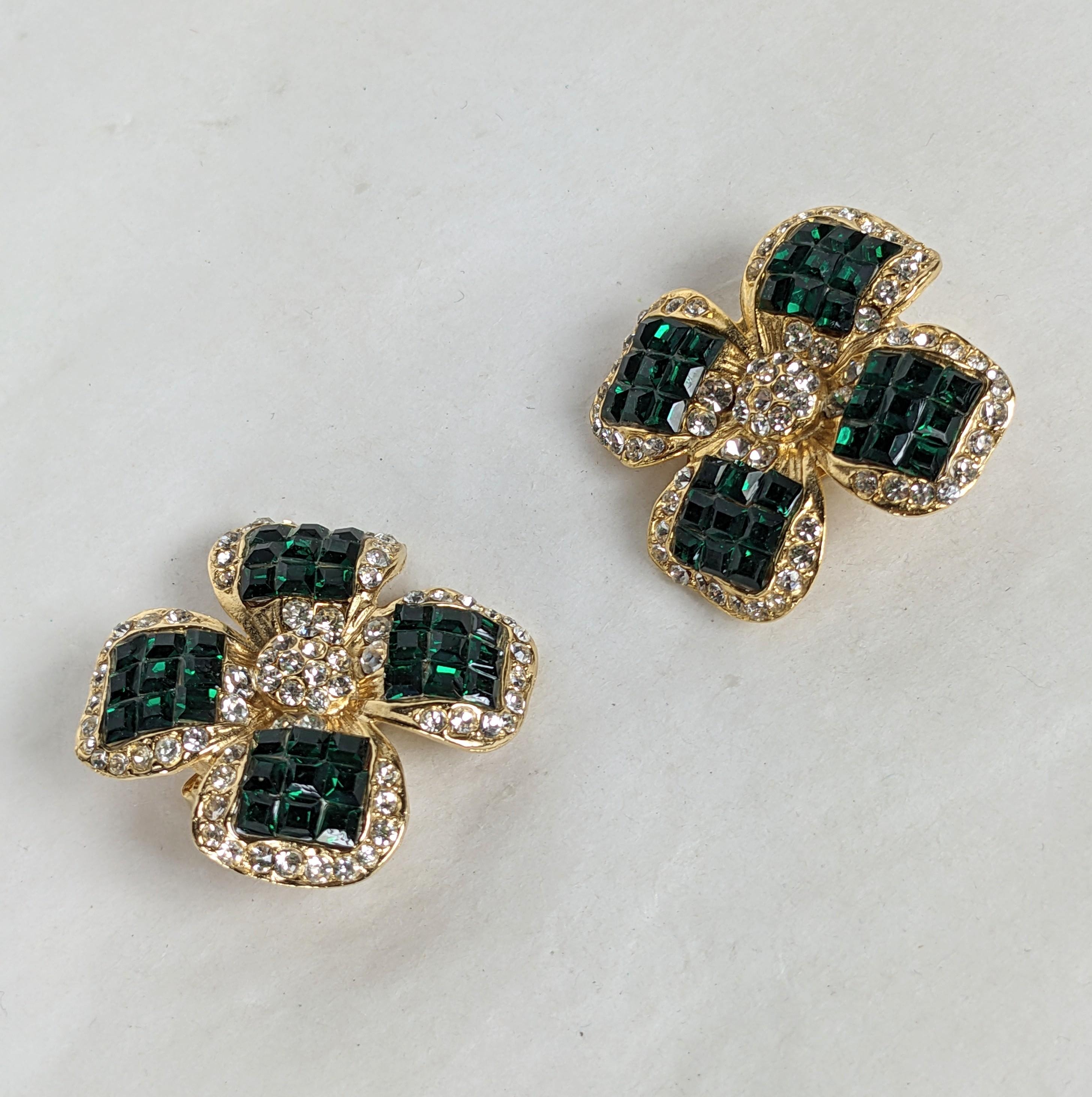 Invisibly Set Faux Emerald Flower Earrings For Sale 1