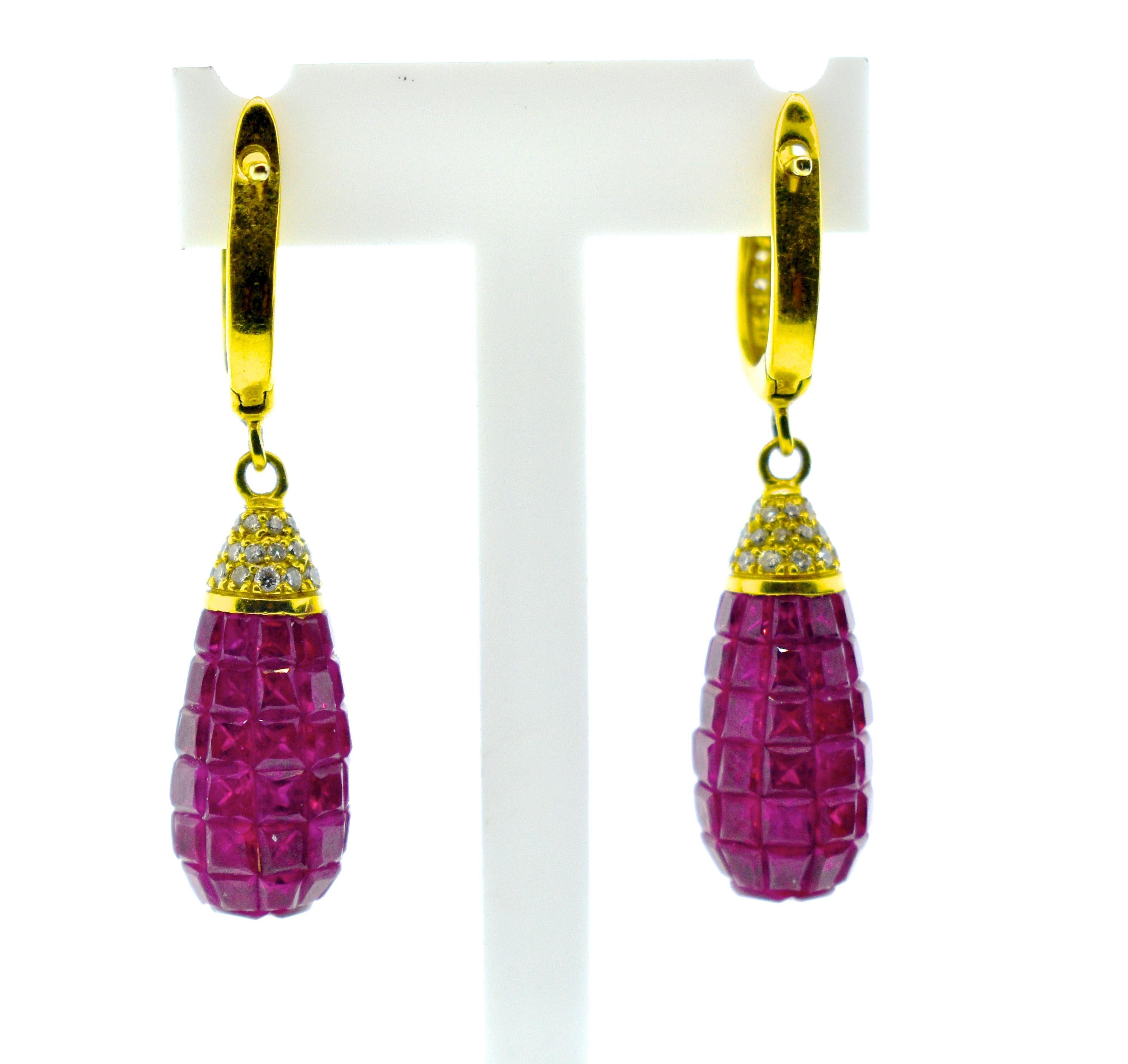 Contemporary Invisibly Set Natural Fine Rubies and Diamond Earrings