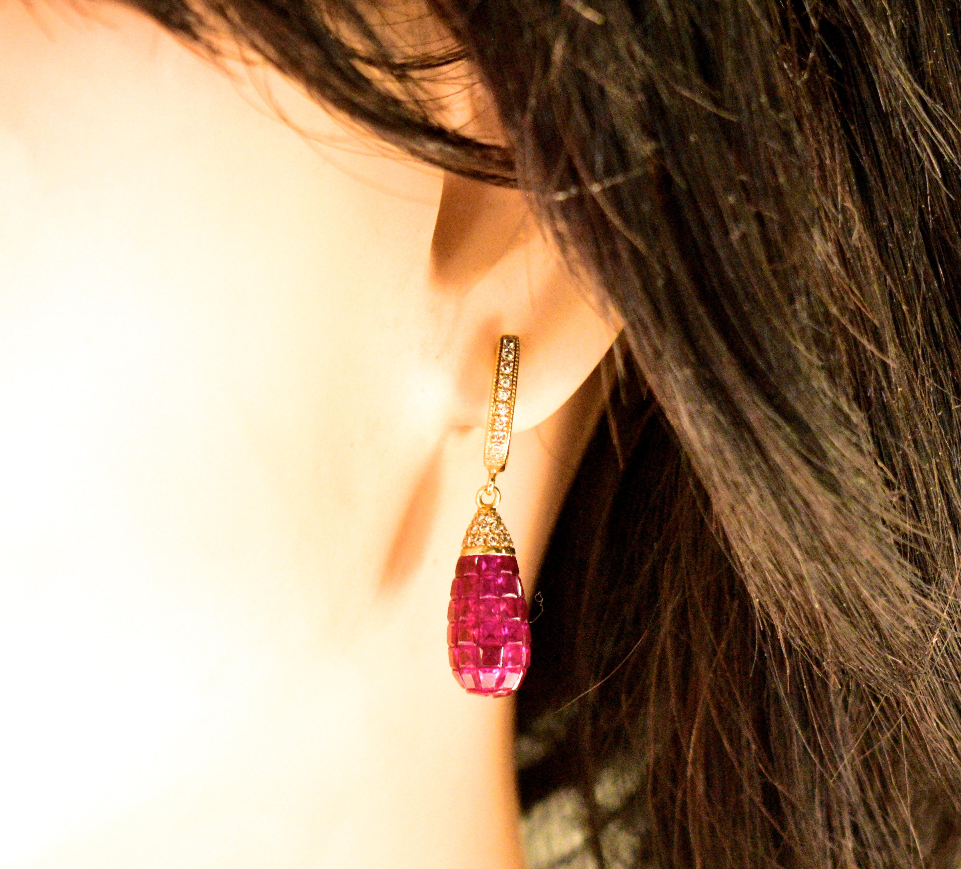 Women's or Men's Invisibly Set Natural Fine Rubies and Diamond Earrings