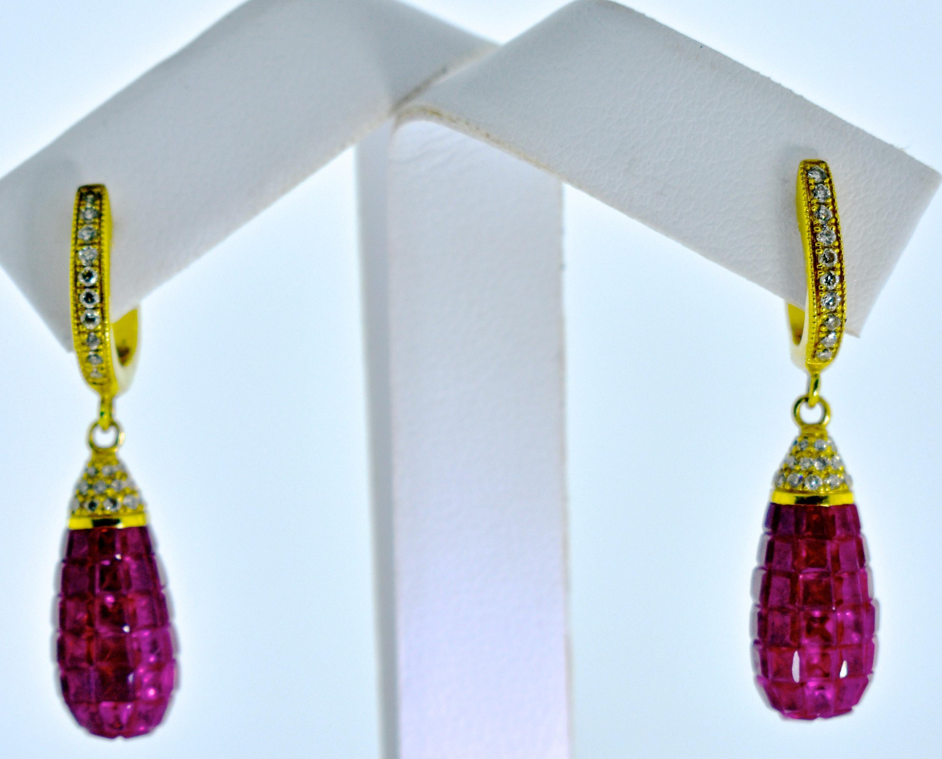 Invisibly Set Natural Fine Rubies and Diamond Earrings 1
