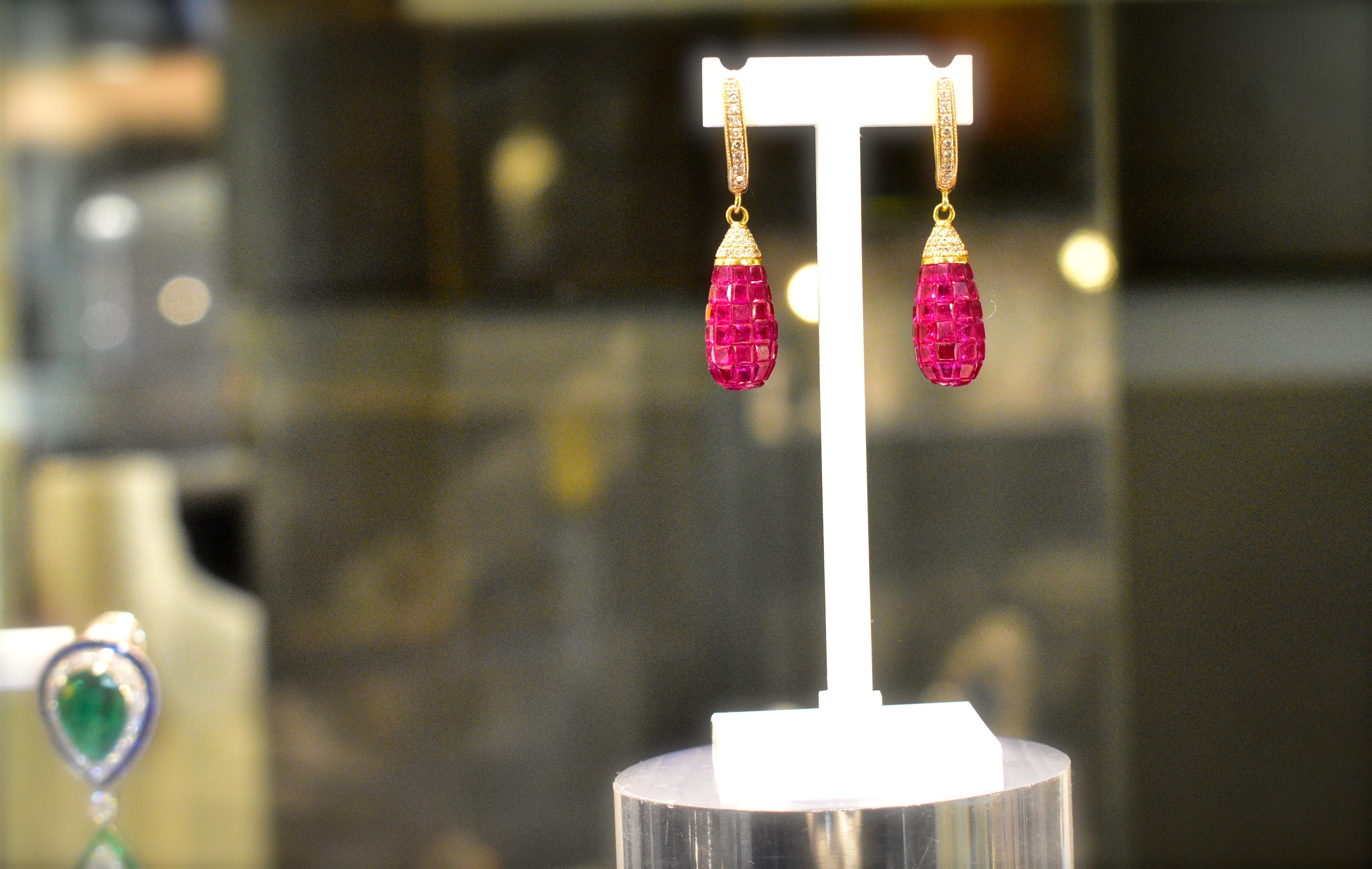 Invisibly Set Natural Fine Rubies and Diamond Earrings 2