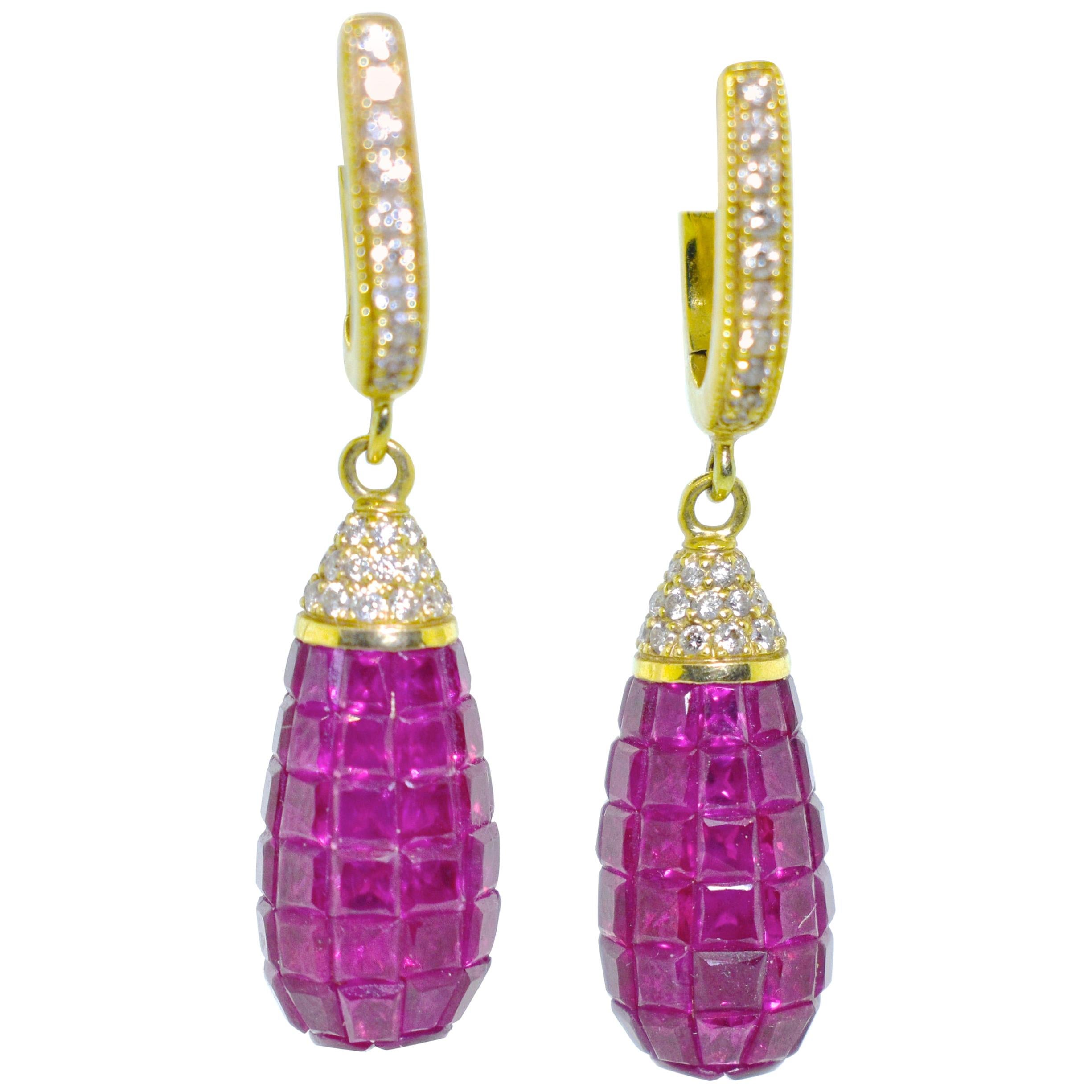 Invisibly Set Natural Fine Rubies and Diamond Earrings