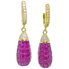 Invisibly Set Natural Fine Rubies and Diamond Earrings