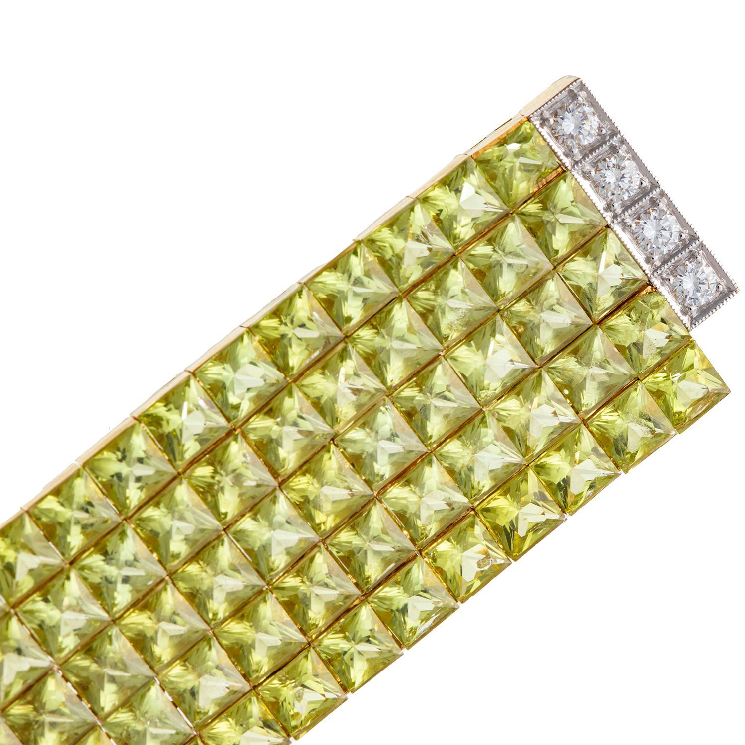 Women's Invisibly-Set Peridot Diamond Gold Line Bracelet For Sale