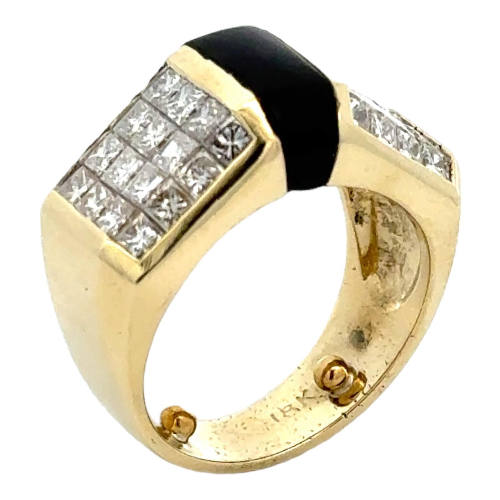 Women's Invisibly Set Princess Cut Diamond Onyx 18 Karat Yellow Gold Contemporary Ring