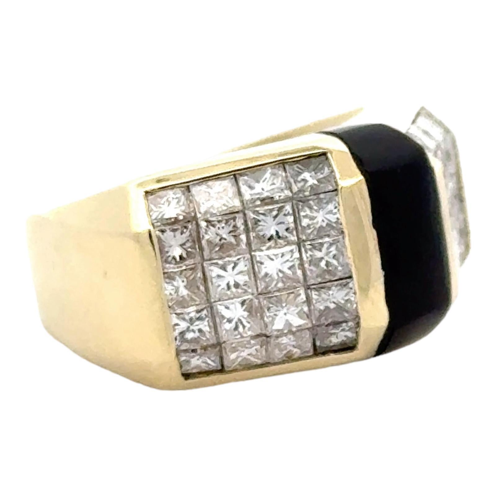 Invisibly Set Princess Cut Diamond Onyx 18 Karat Yellow Gold Contemporary Ring 1