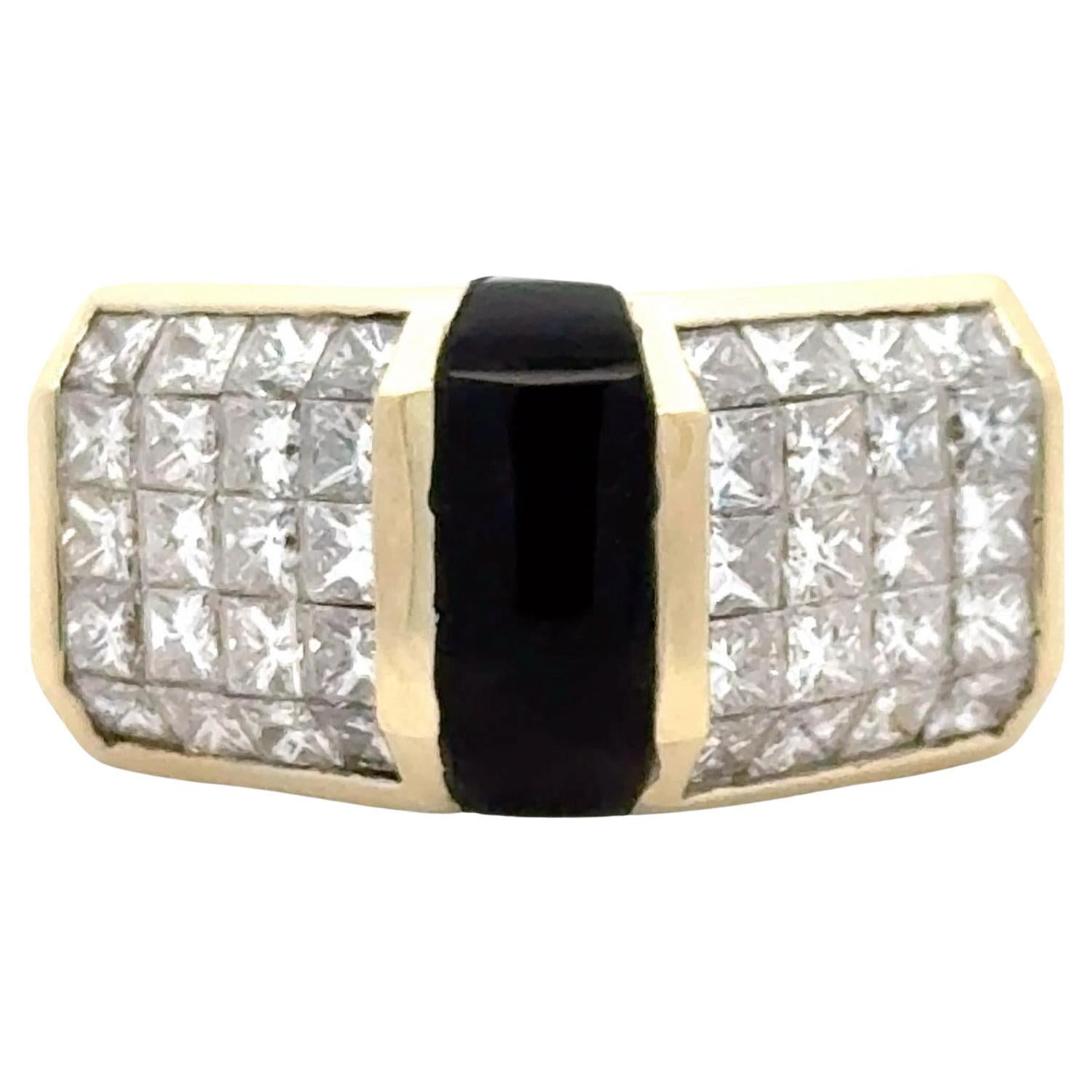 Invisibly Set Princess Cut Diamond Onyx 18 Karat Yellow Gold Contemporary Ring