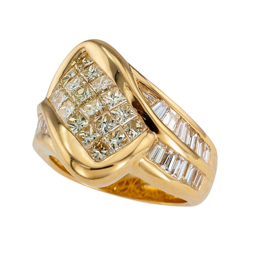 Contemporary Invisibly Set Princess Cut Diamonds Baguette Diamonds Yellow Gold Ring Band For Sale
