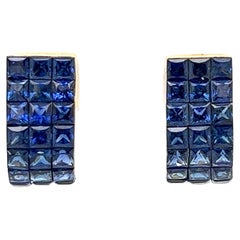 Invisibly Set Royal Blue Sapphire Gold Clip and Post Vintage Earrings