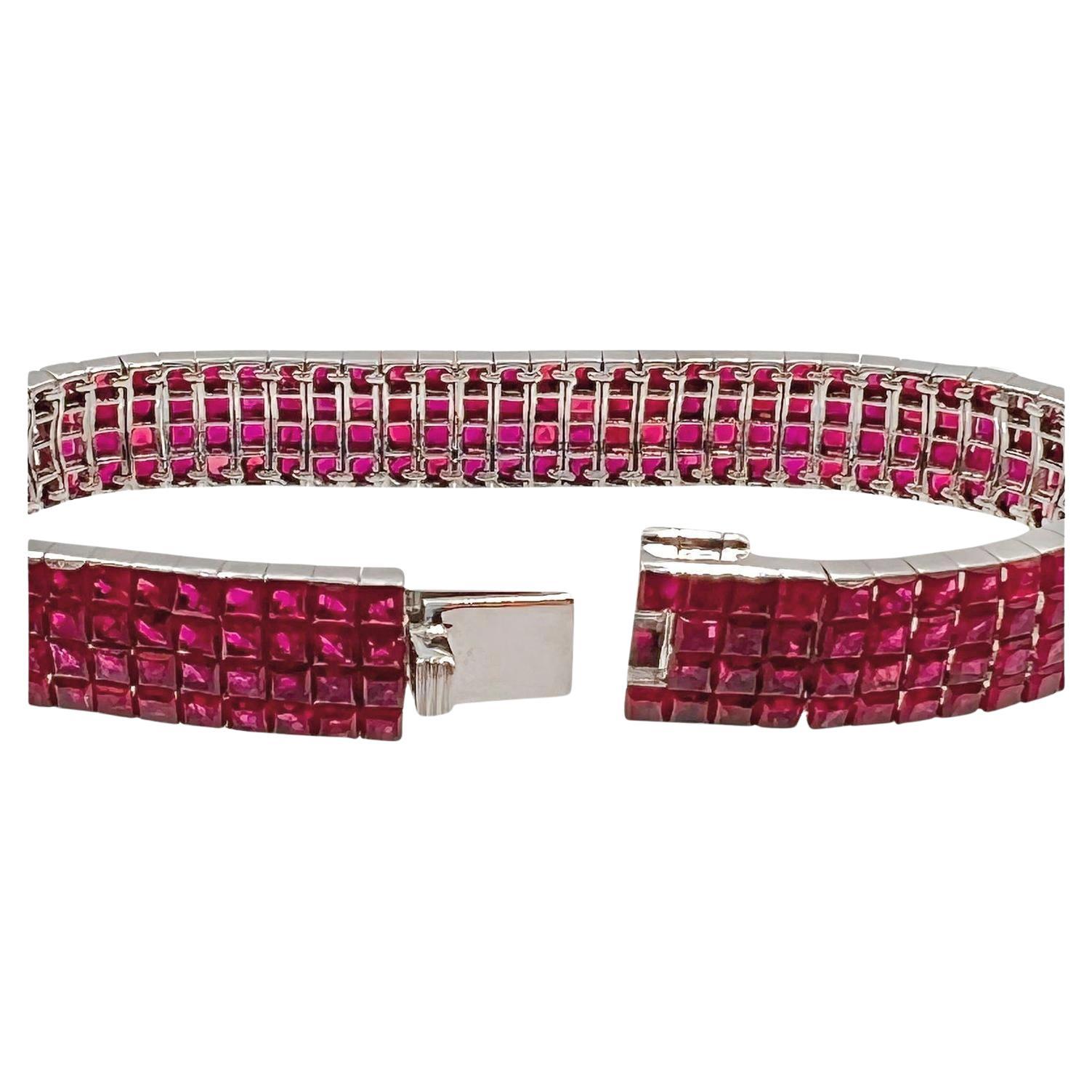 Invisibly-Set Ruby 18k White Gold Line Bracelet In New Condition For Sale In Palm Beach, FL