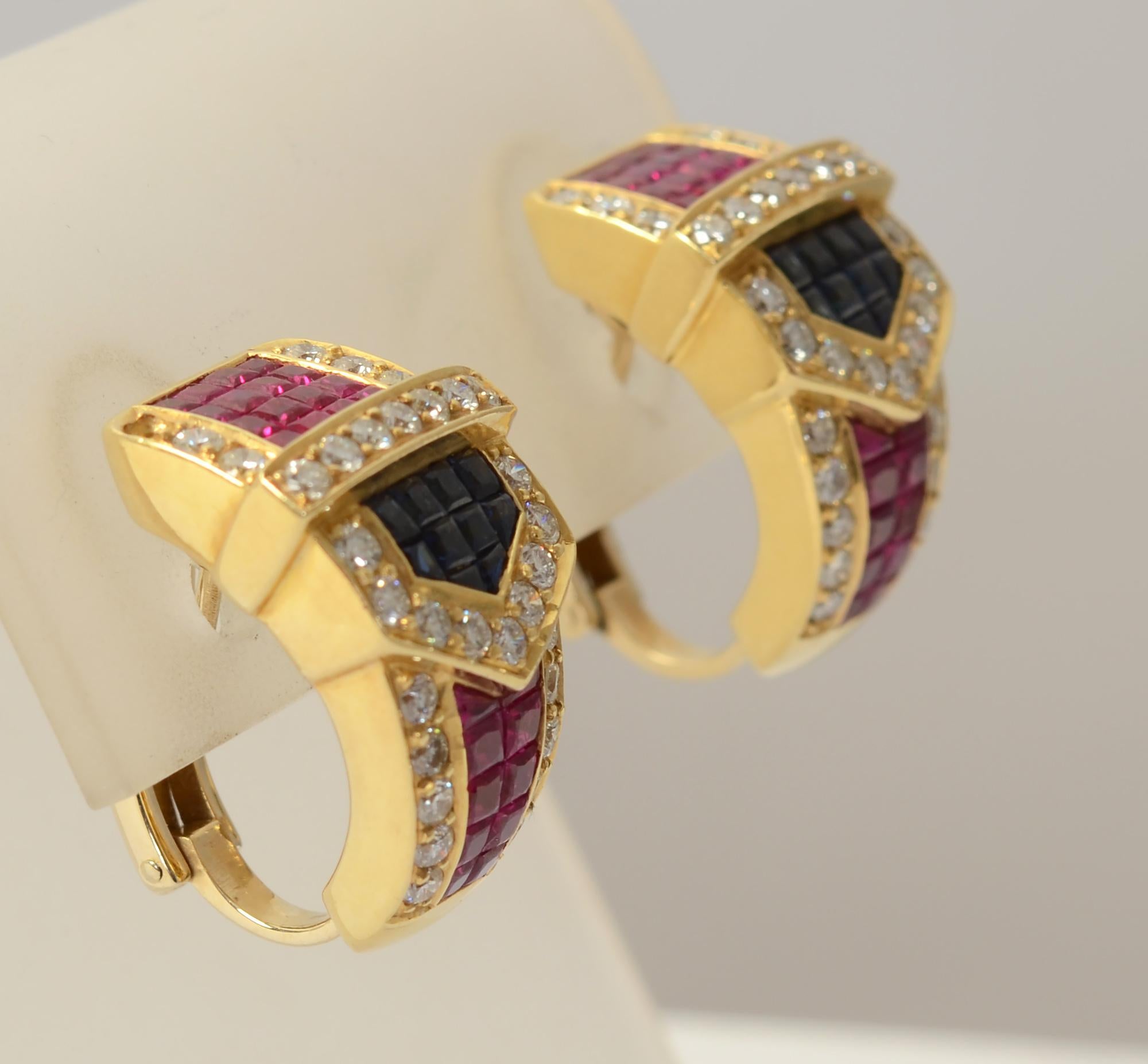 Modern Invisibly Set Ruby and Diamond Buckle Gold Earrings For Sale