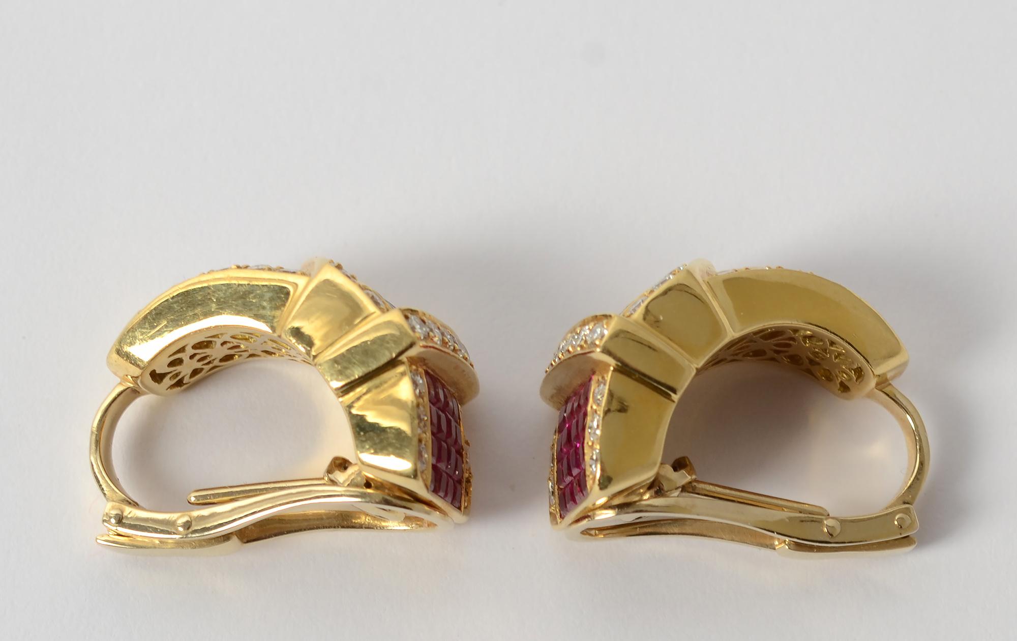 Invisibly Set Ruby and Diamond Buckle Gold Earrings In Excellent Condition For Sale In Darnestown, MD