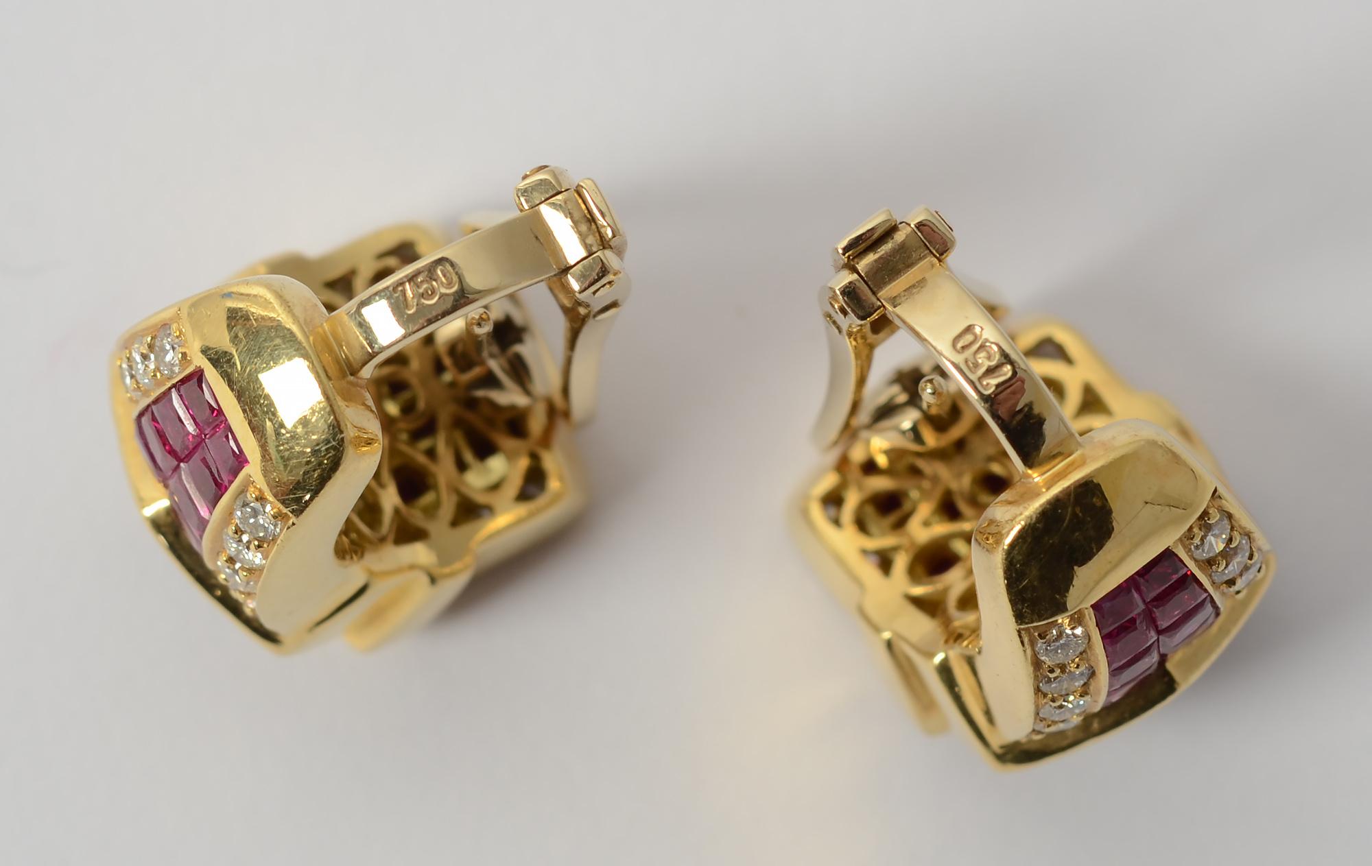 Invisibly Set Ruby and Diamond Buckle Gold Earrings For Sale 1