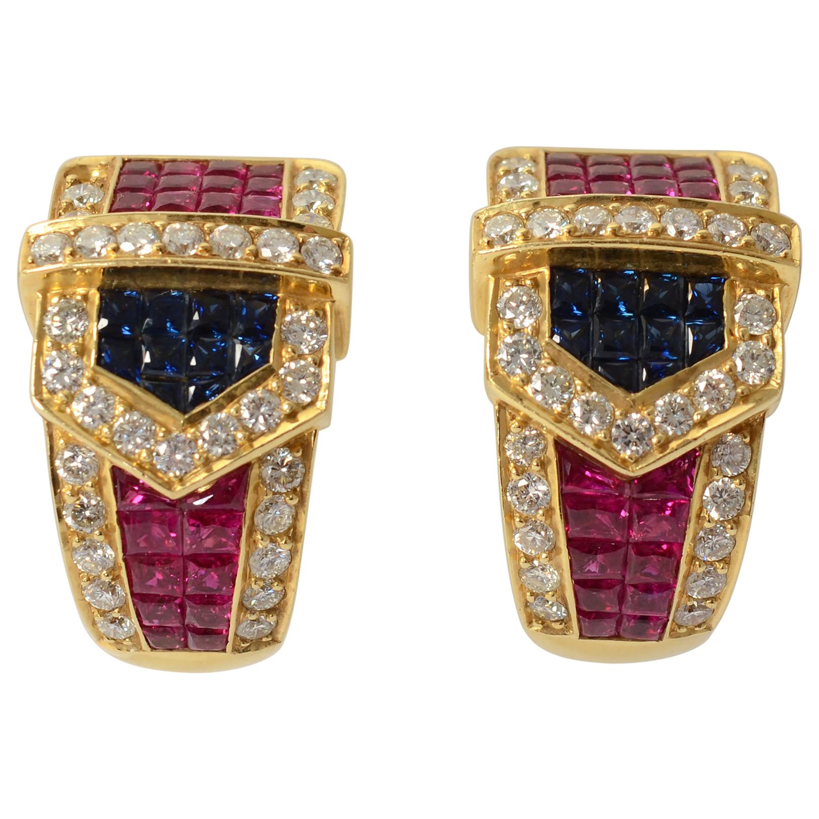Invisibly Set Ruby and Diamond Buckle Gold Earrings