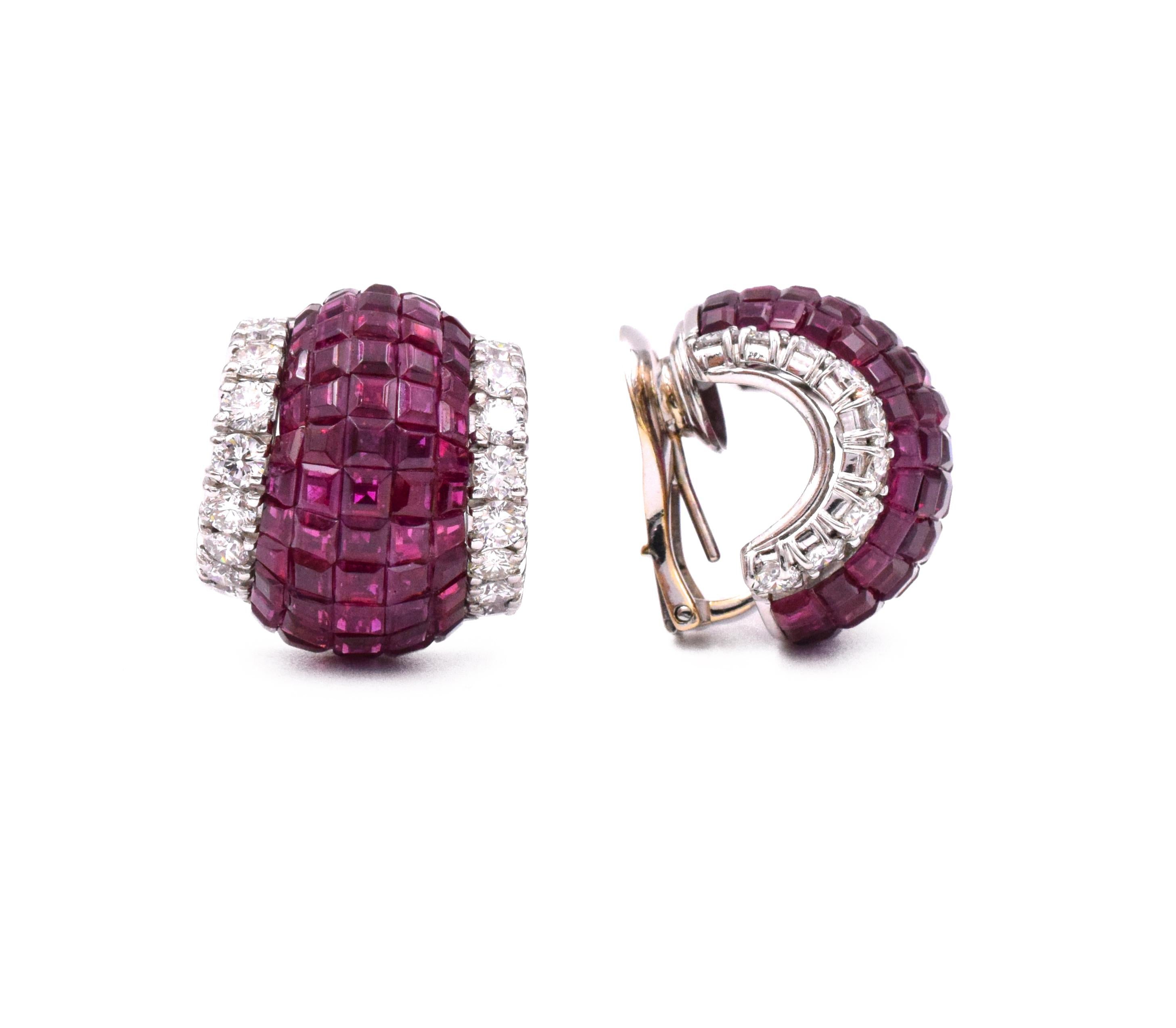 Square Cut Invisibly-Set Ruby and Diamond Earclips by Aletto Brothers