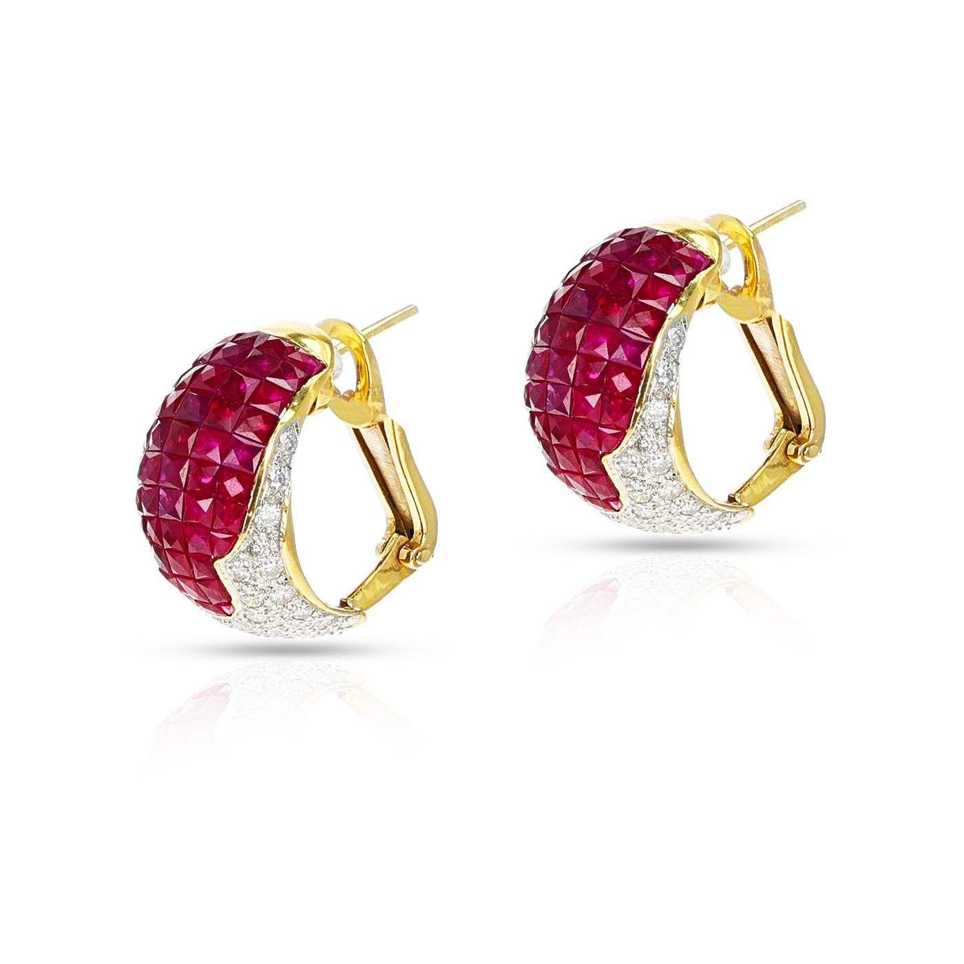 Unsichtbar gefasste Rubin- und Diamant-Ohrringe, 18k (Carréeschliff)