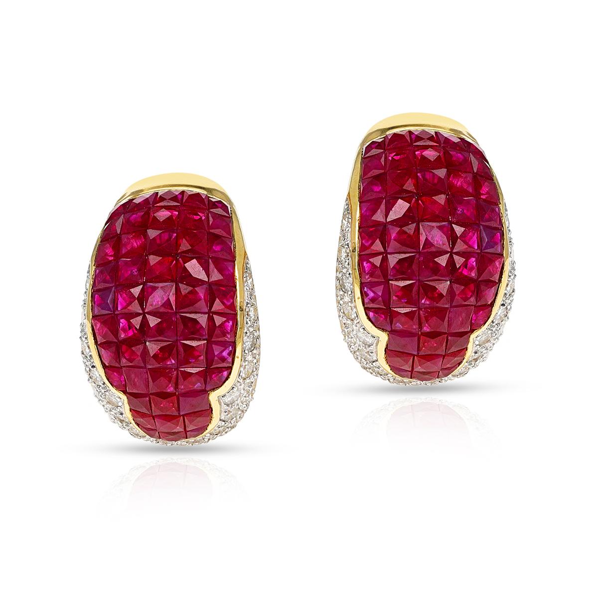 Unsichtbar gefasste Rubin- und Diamant-Ohrringe, 18k im Zustand „Hervorragend“ in New York, NY