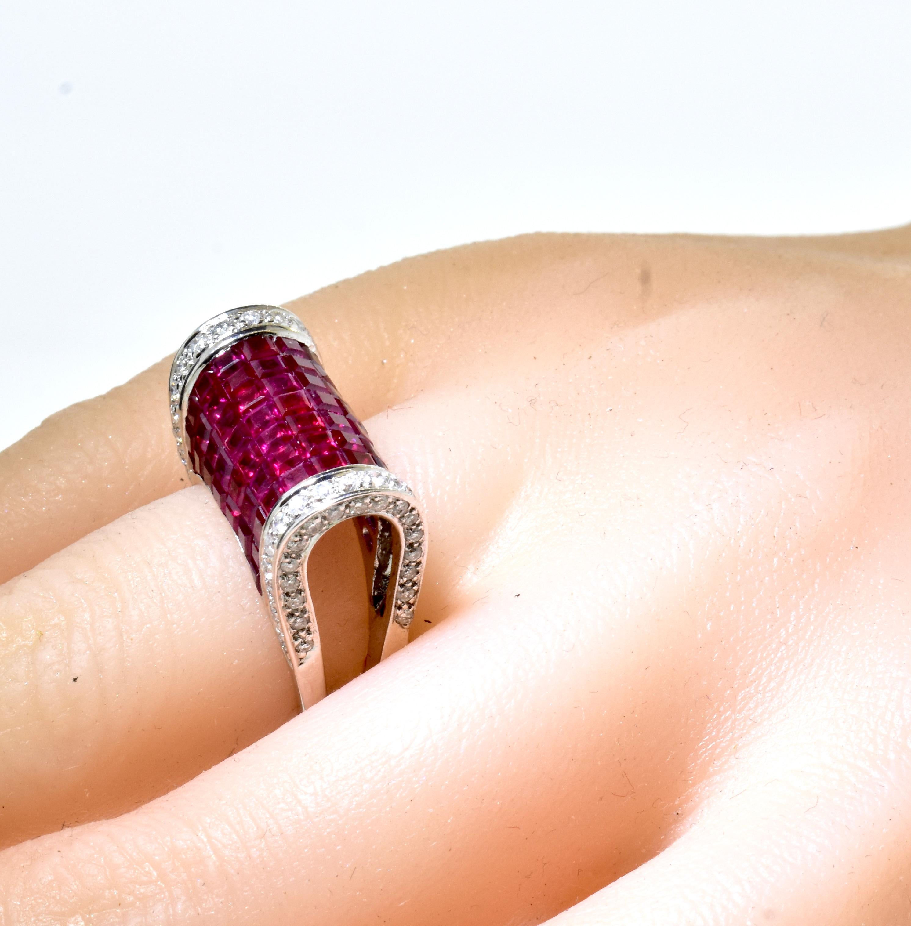 Invisibly Set Ruby and Diamond Ring For Sale 6