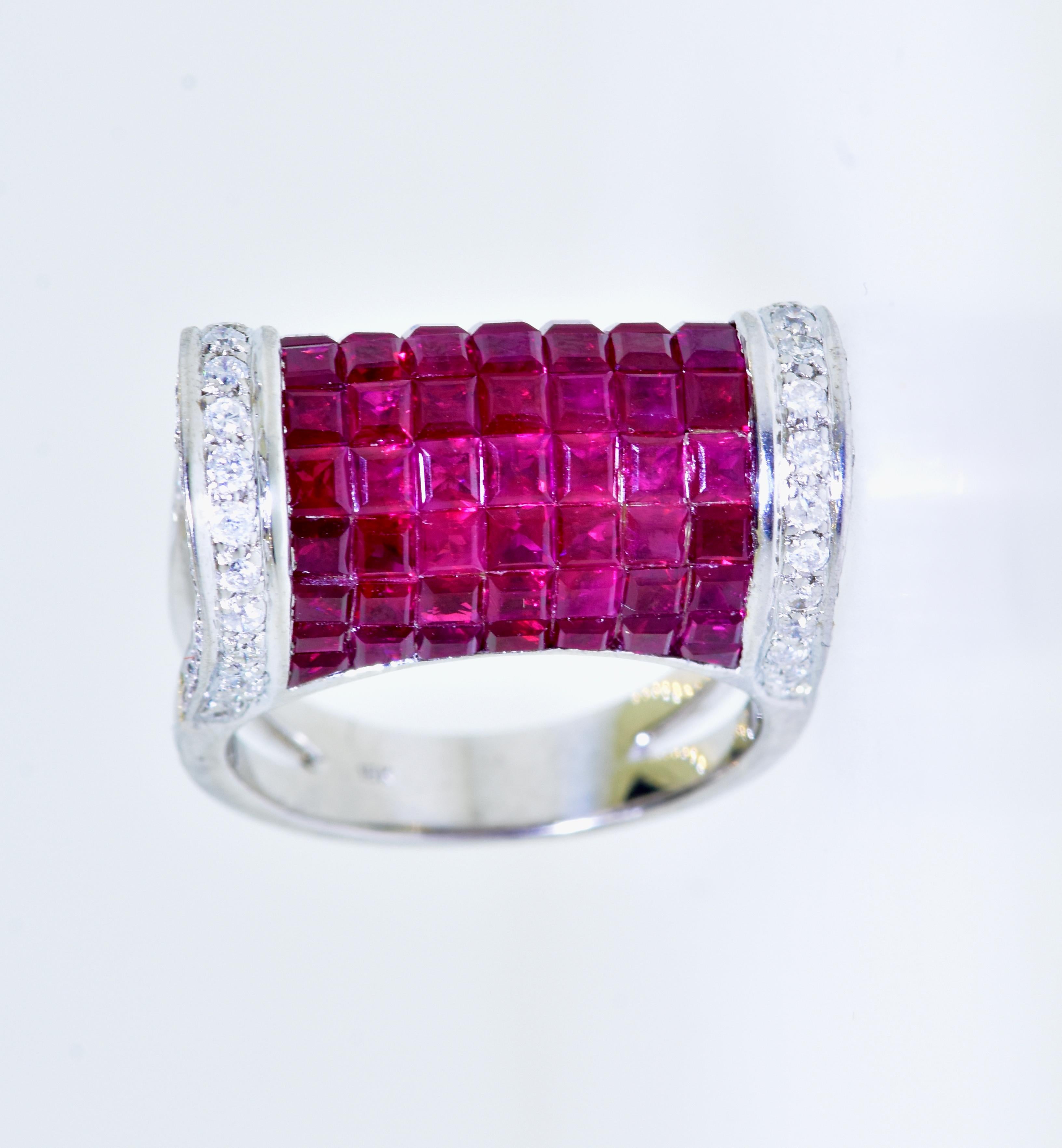 Contemporary Invisibly Set Ruby and Diamond Ring For Sale