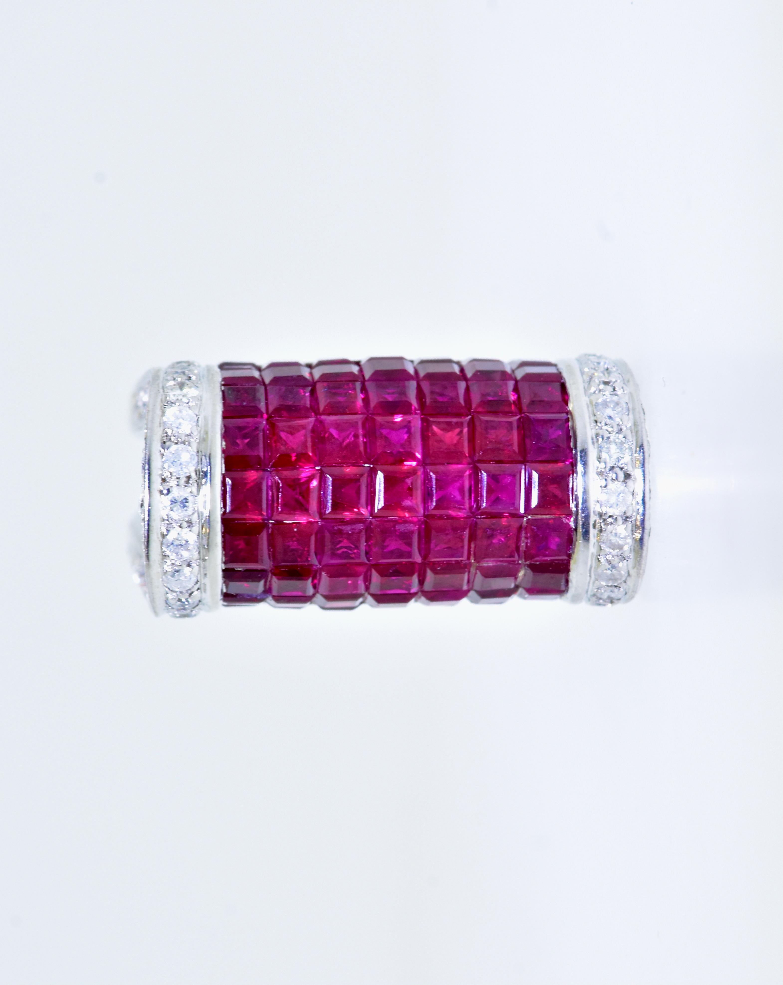 Brilliant Cut Invisibly Set Ruby and Diamond Ring For Sale