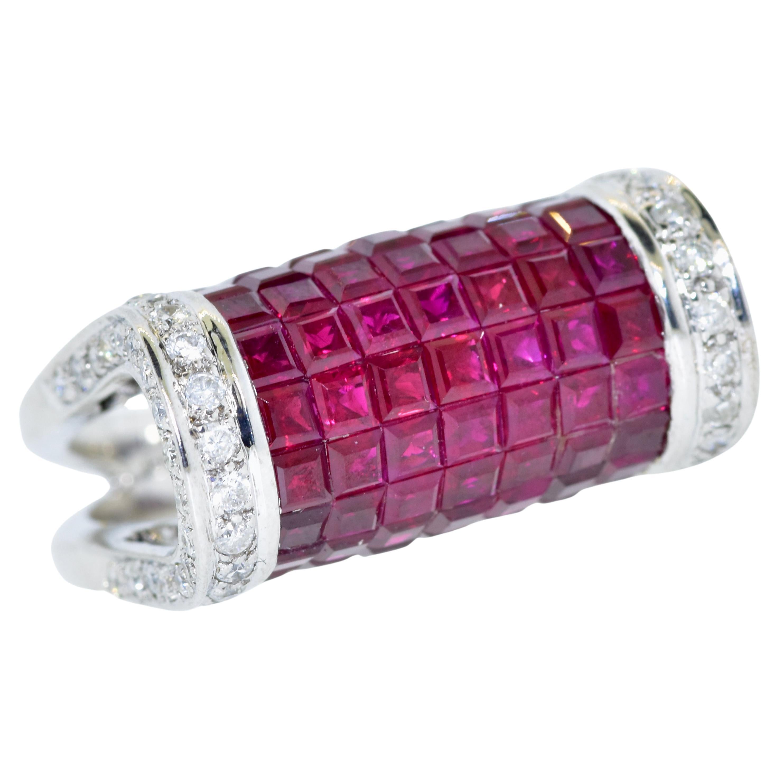 Invisibly Set Ruby and Diamond Ring For Sale