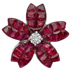 Invisibly-Set Ruby and Diamond Sakura Flower Pendant