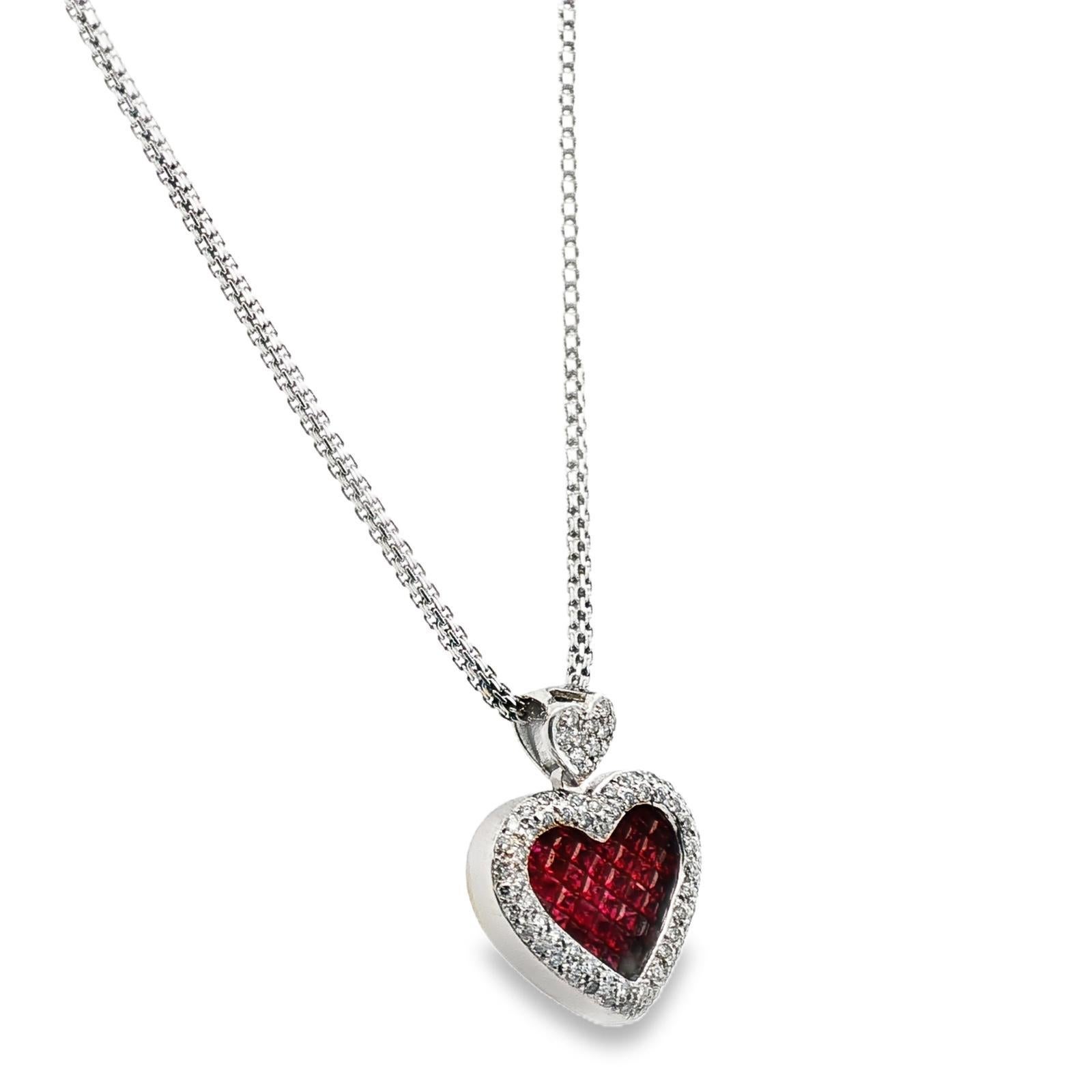 Modern Invisibly Set Ruby Diamond 18 Karat White Gold Heart Pendant Necklace For Sale