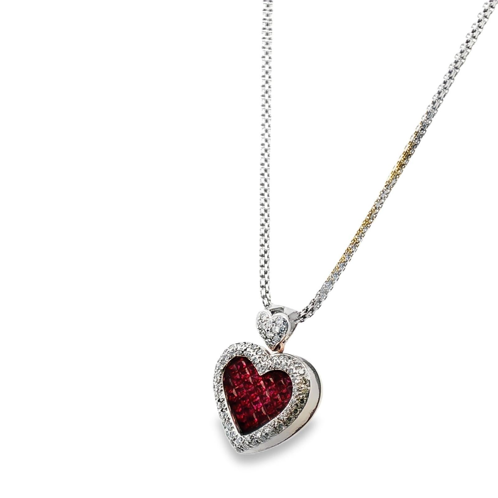 Square Cut Invisibly Set Ruby Diamond 18 Karat White Gold Heart Pendant Necklace For Sale
