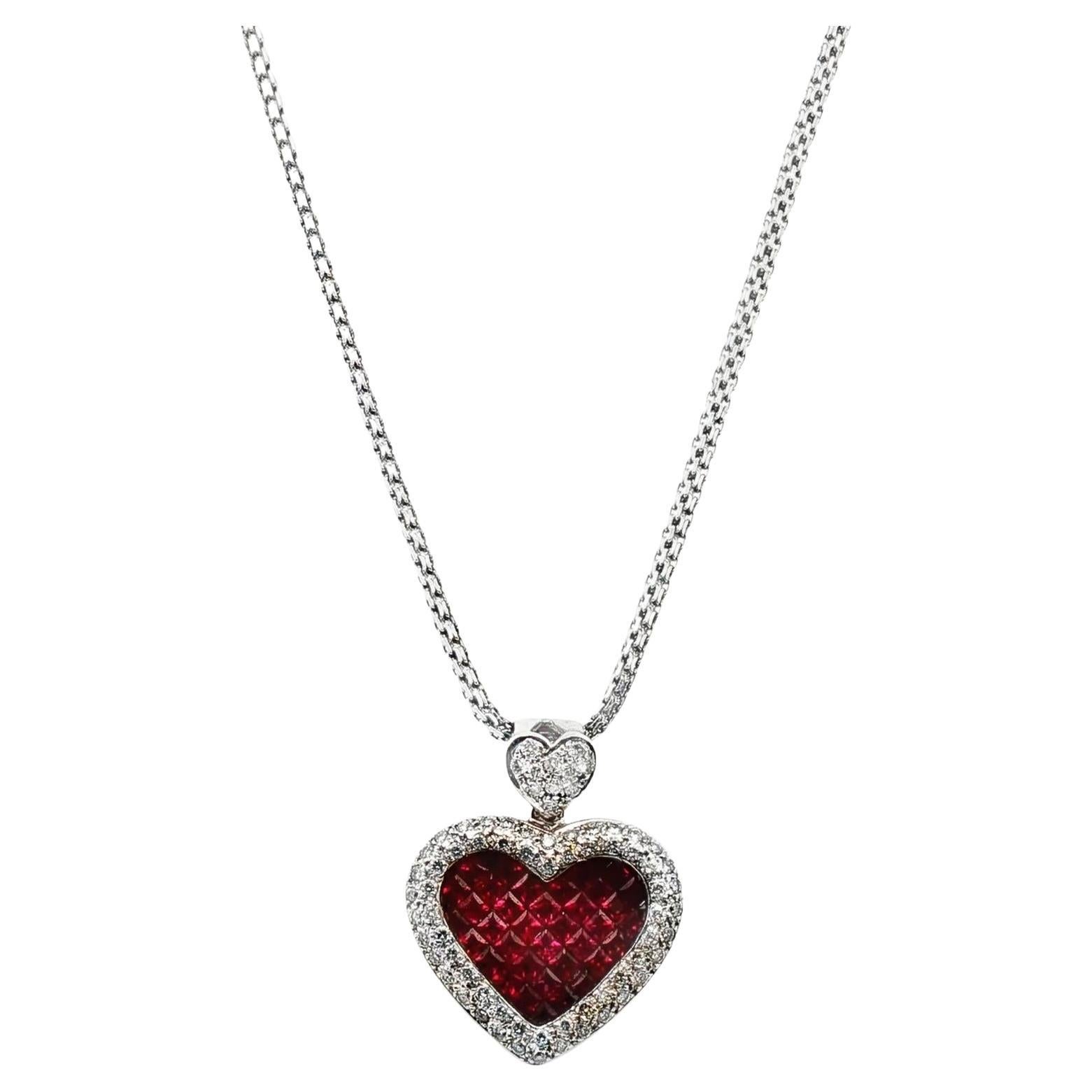 Invisibly Set Ruby Diamond 18 Karat White Gold Heart Pendant Necklace For Sale