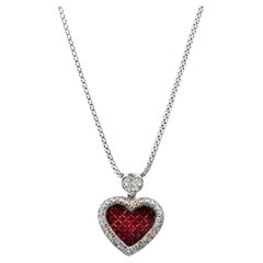Invisibly Set Ruby Diamond 18 Karat White Gold Heart Pendant Necklace
