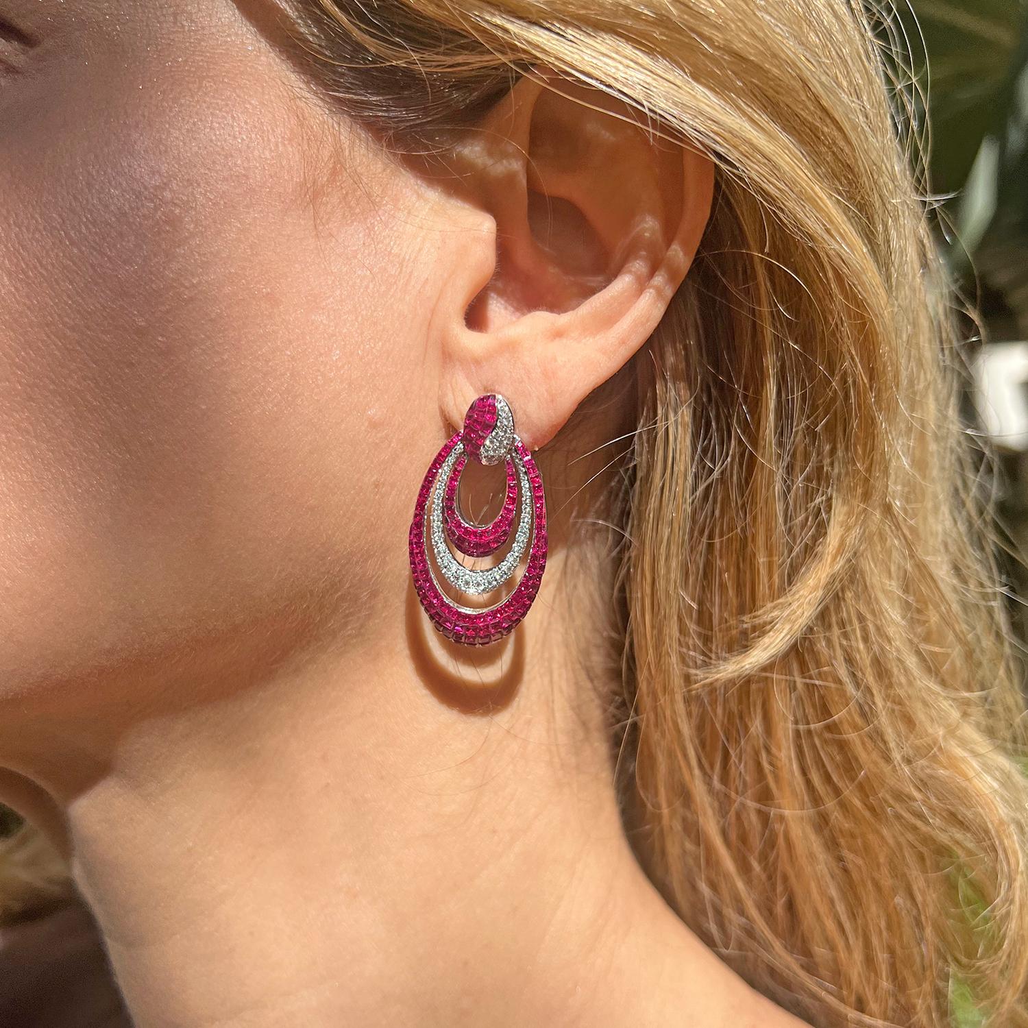 Modern Invisibly-Set Ruby Diamond Crescent Drop Earrings For Sale