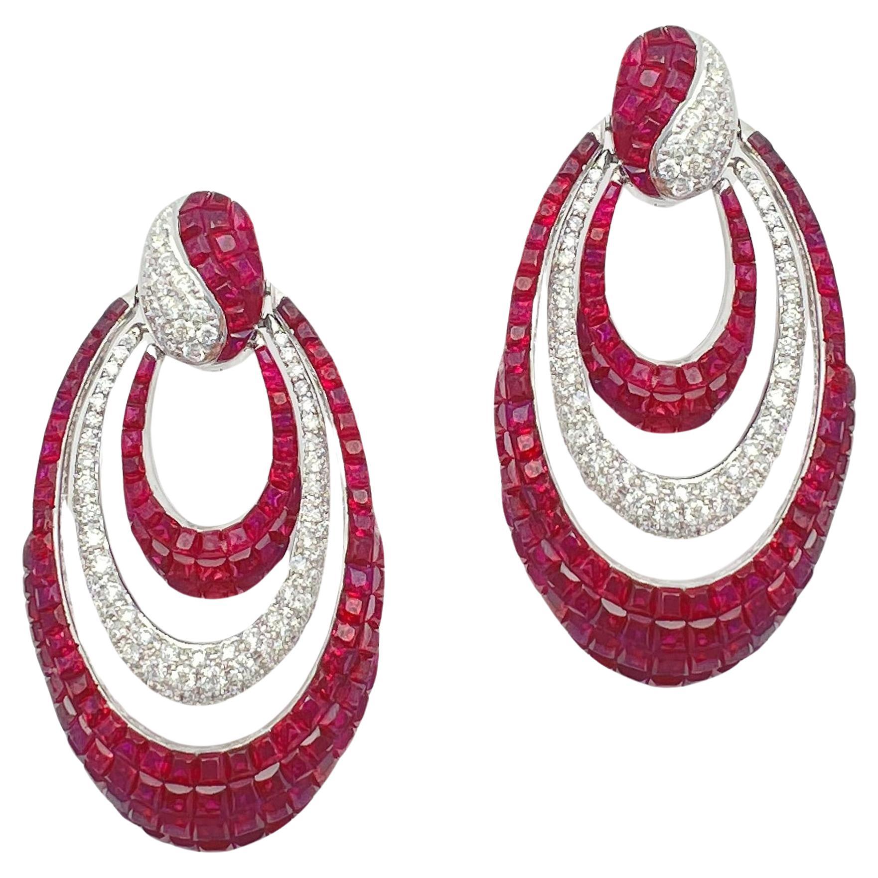 Invisibly-Set Ruby Diamond Crescent Drop Earrings For Sale
