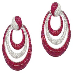 Invisibly-Set Ruby Diamond Crescent Drop Earrings
