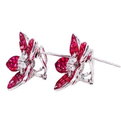 Invisibly-Set Ruby Diamond Lotus Flower Earrings
